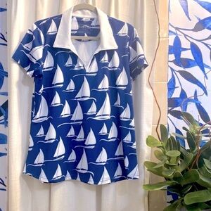 NWOT Ana Clare Active Polyester & Spandex Nautical Sailboat Print Golf Polo XL